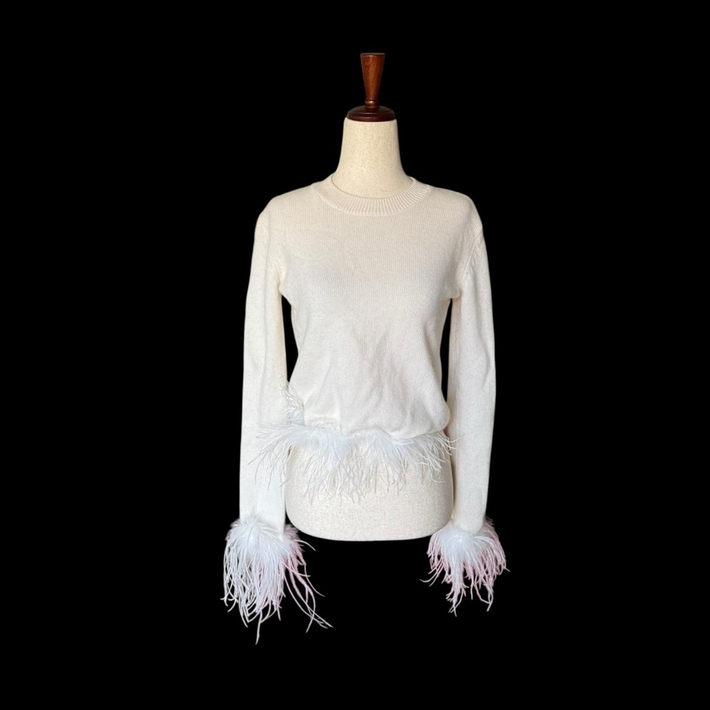 27 Miles Wool Cashmere White Sweater with Feather Trim sz XS Glam Evening Fun